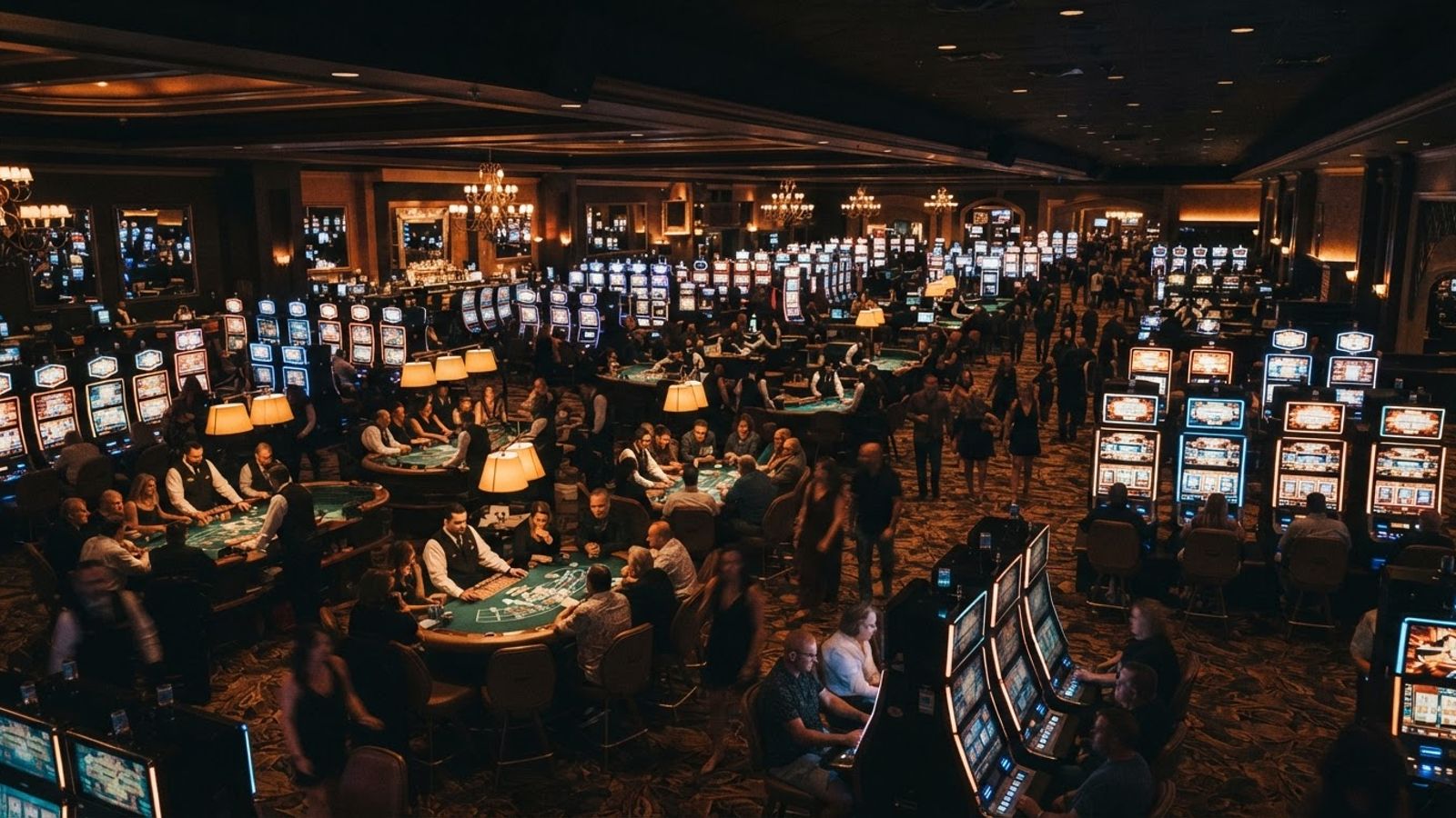 Wide casino hall with slots and live tables