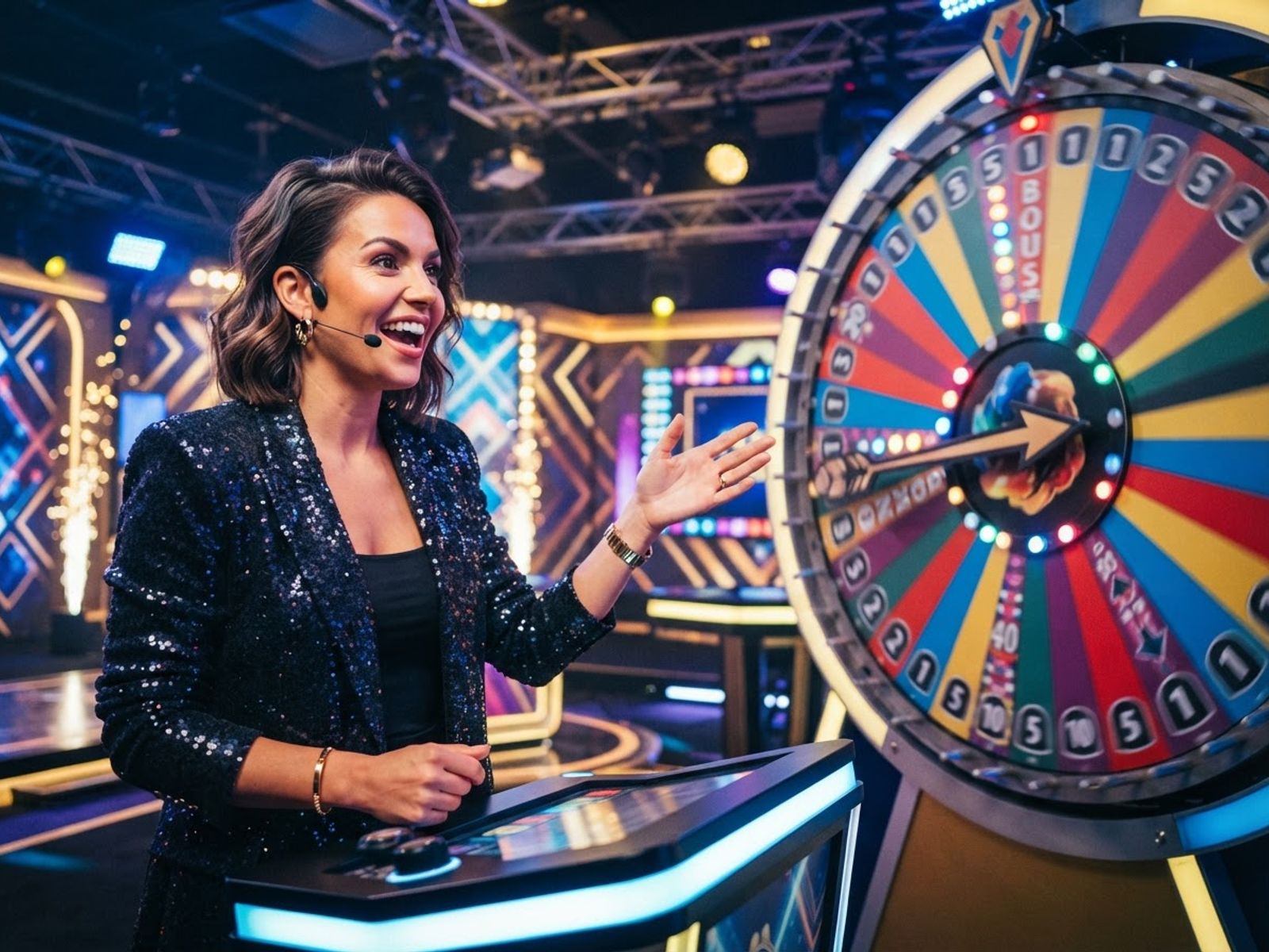 Live game show studio with large wheel