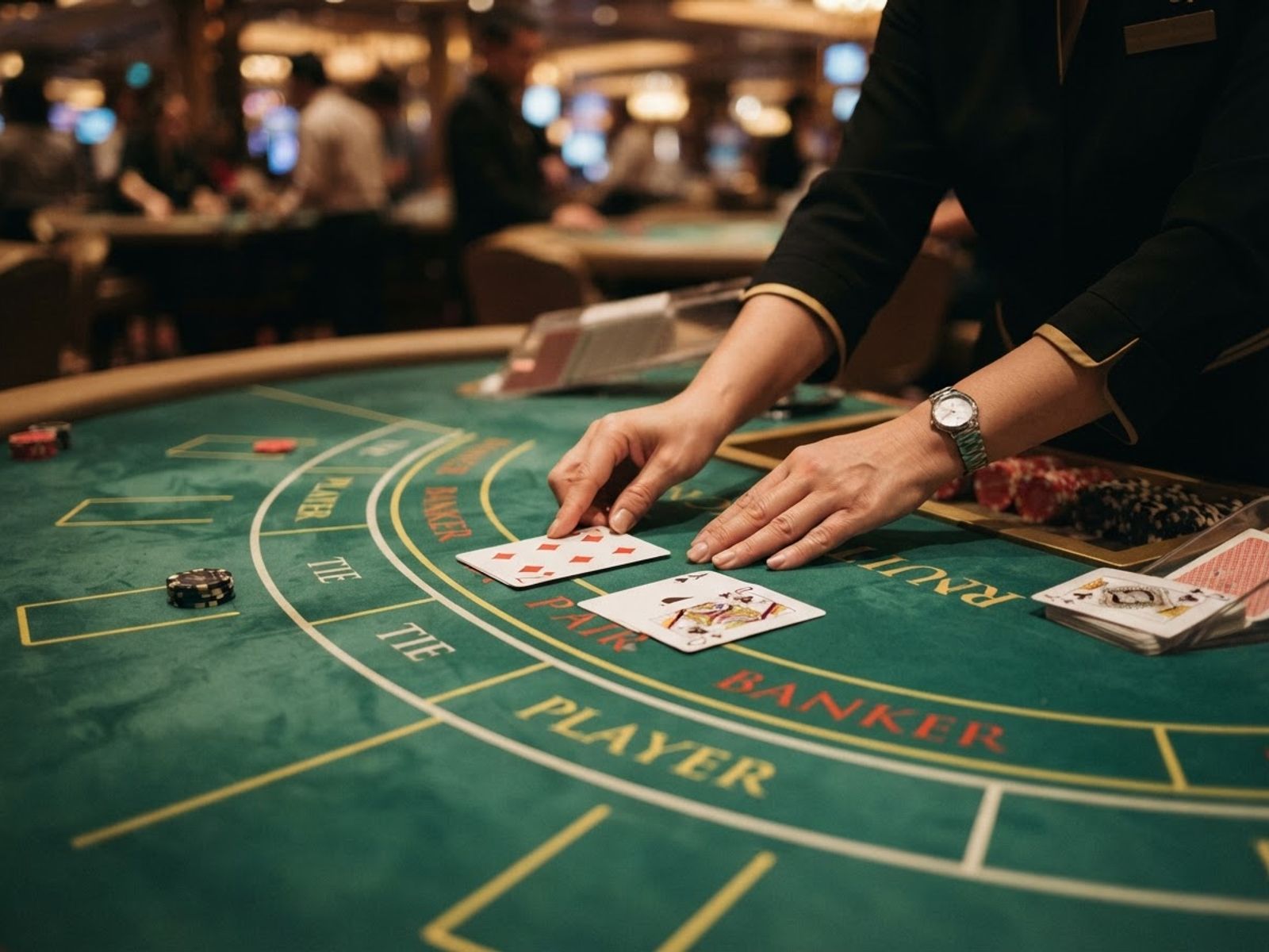 Live baccarat table with cards on felt